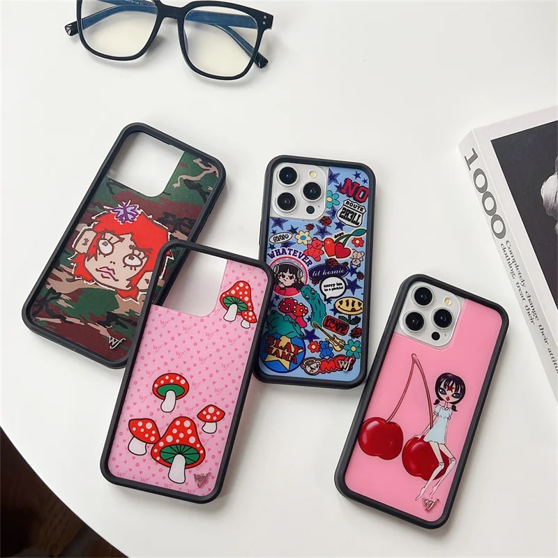 Cartoon Cute Mushroom Cherry Wild Girl Wildflower Phone Case For iPhone 12 13 14 15 16 Pro Max WF Luxury Metal Protect Cover