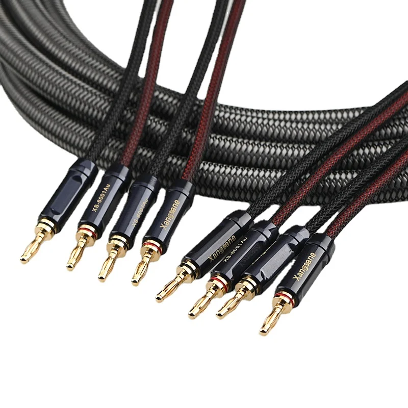 HiFi Speaker Cable 4Cores Oxygen-free Copper HiFi Audio Line 24K Gold Plated Banana & Y Spade Plug