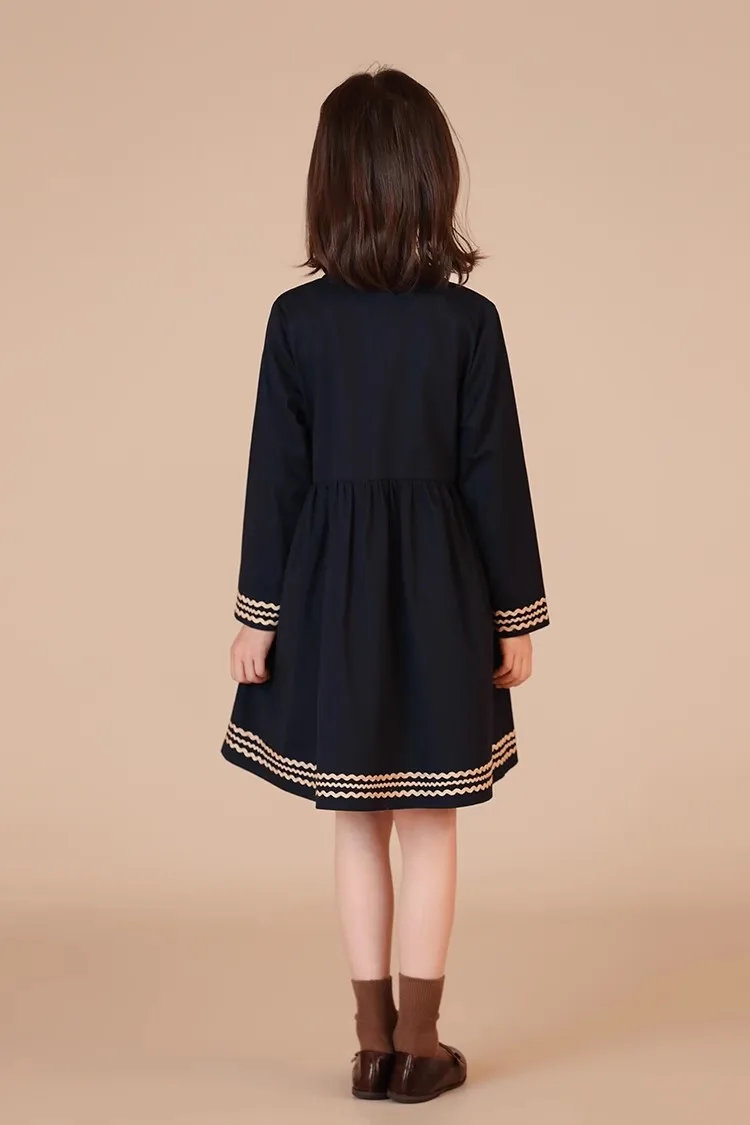 Spring  Autumn Girls' Skirt Round Neck Long Sleeve to weave Dress navy blue Polyester Casual Style Fashionable And Comfortable