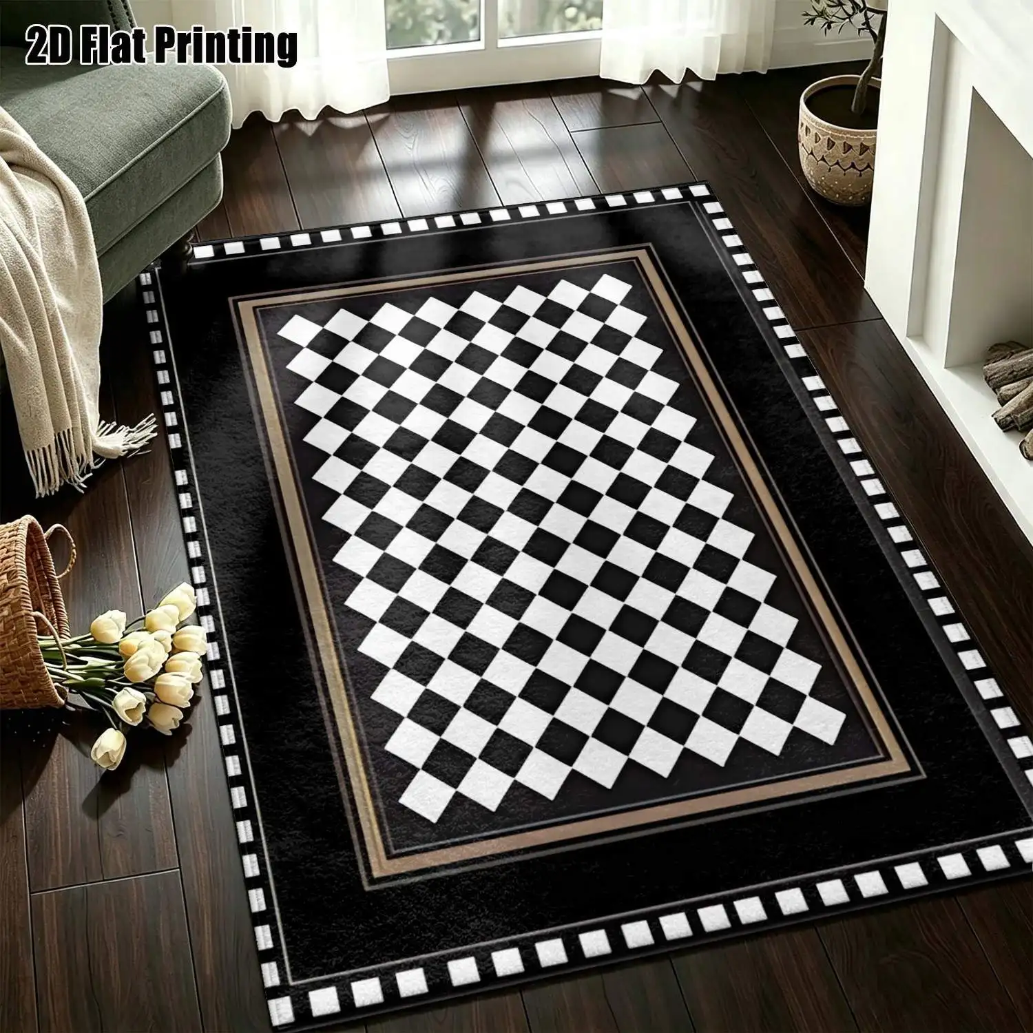 1Pc 2D Printed Black White Geometric Abstract Nordic Carpet, Instagram Style Floor Mat, Modern Minimalist Striped Rug, Machine Washable, Multi-Size, Ideal for Entrance, Dining Room, Foyer, Bedroom, Living Room Home Decoration