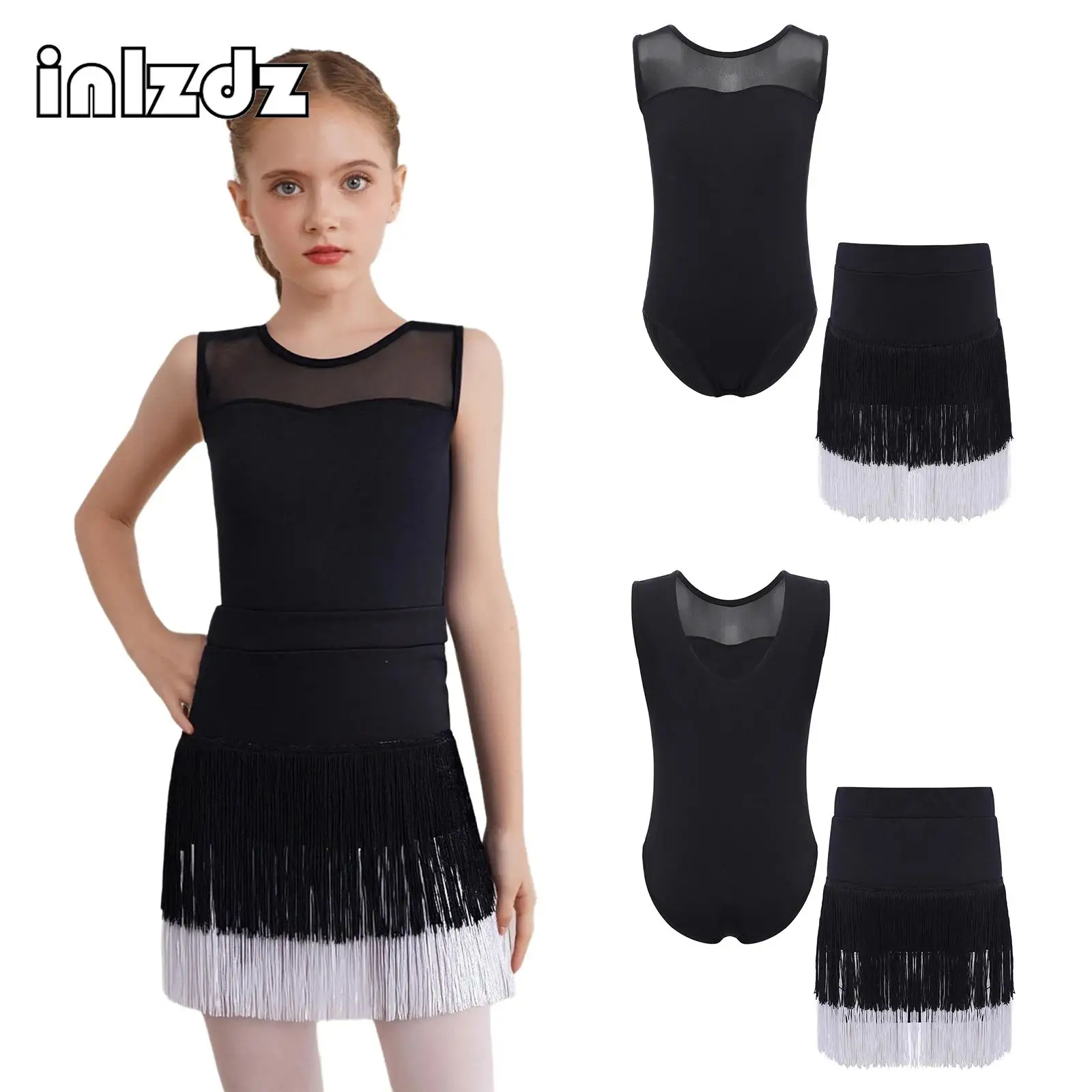 キッズガールズラテンダンス衣装ノースリーブシアーメッシュレオタードタッセルスカート付きタンゴチャチャサンバダンスステージパフォーマンス用