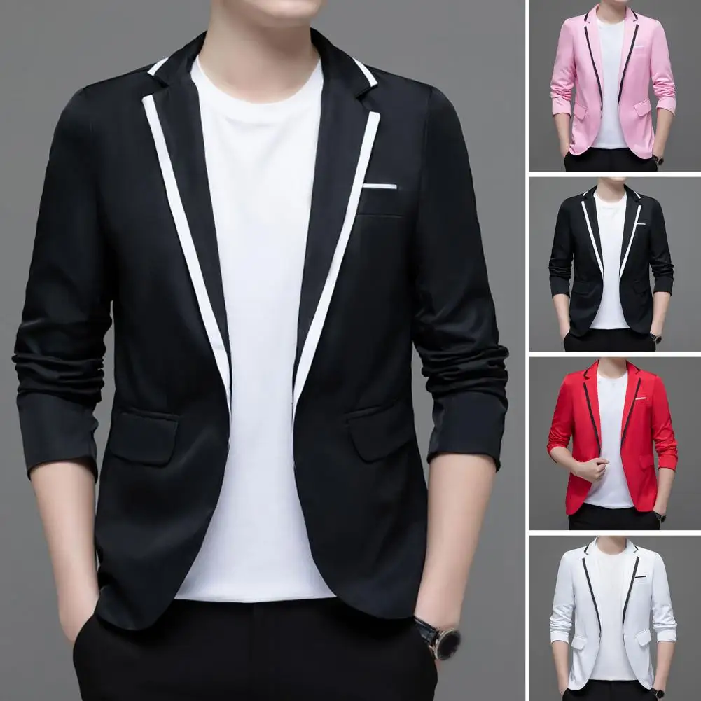 Men Blazer Color Block Single Button Suit Coat Spring Autumn Men Casual Jacket Weddings Groom Blazer