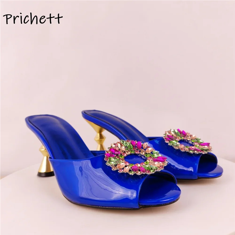

Colorful Rhinestone Slippers Strange Style Heels Slip On Peep Toe Blue Patent Leather Shoes Summer Luxury Outdoor Women's Shoes