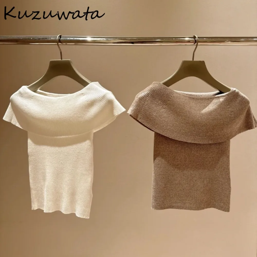 Kuzuwata Temperament Slash Neck Half Sleeve Flanging Jumper Off Shoulder Elegant Sweet Solid Pullover Japan New Knit Sweaters