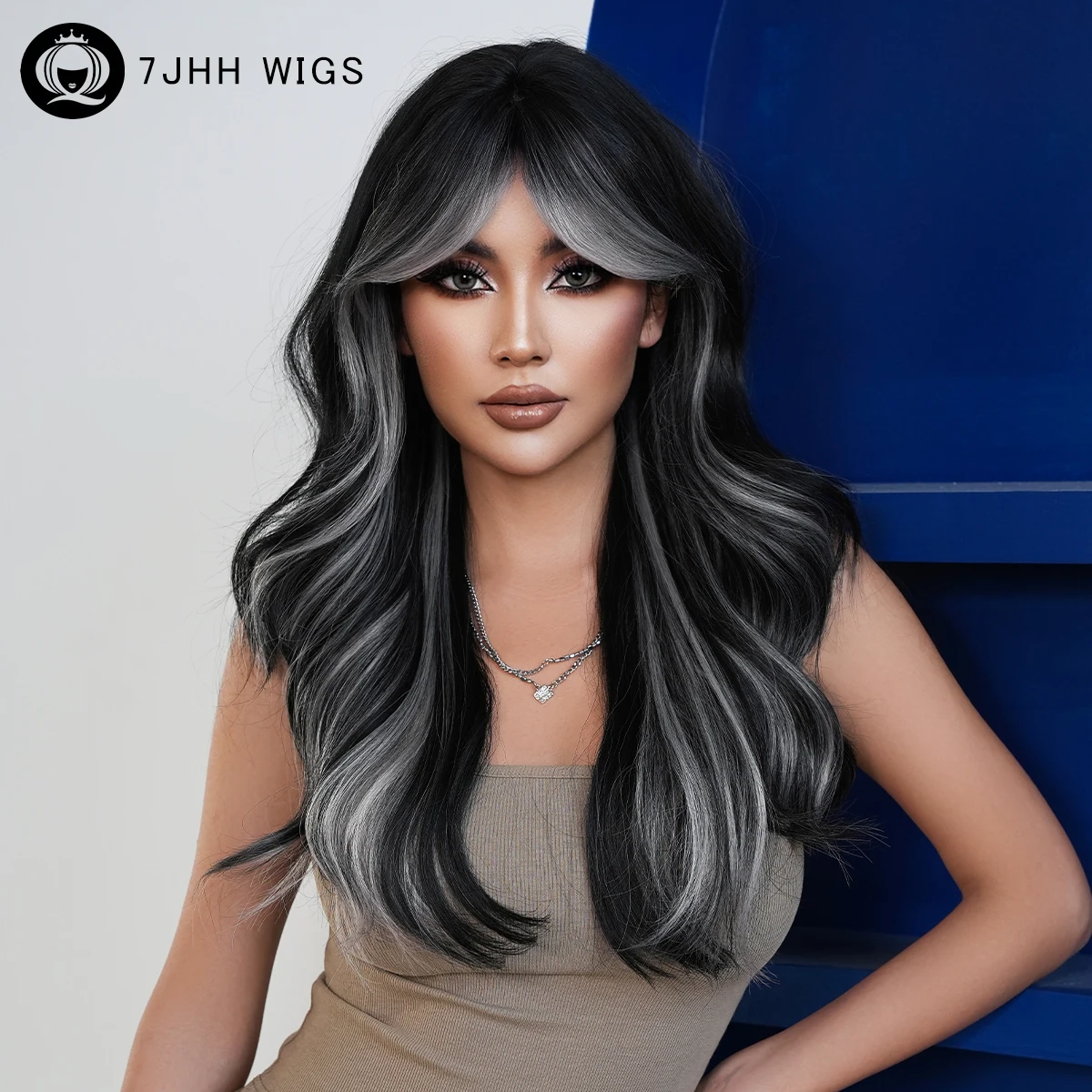 Long Body Wave Black Highlight Silverly Wig for Women Daily Use High Density Synthetic Middle Part Wavy Wigs with Curtain Bangs