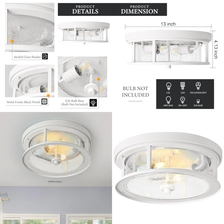 Flush Mount Ceiling Light Fixture, 2-Light with Seeded Glass Ceiling Light Fixture for Bedroom, Indoor Outdoor Ceiling Lights f