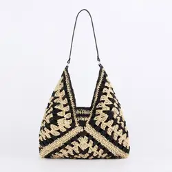 Bolso de mano de paja para mujer, bolso de hombro Vintage de gran capacidad para vacaciones, bolso informal de marca, bolso de playa hueco para verano