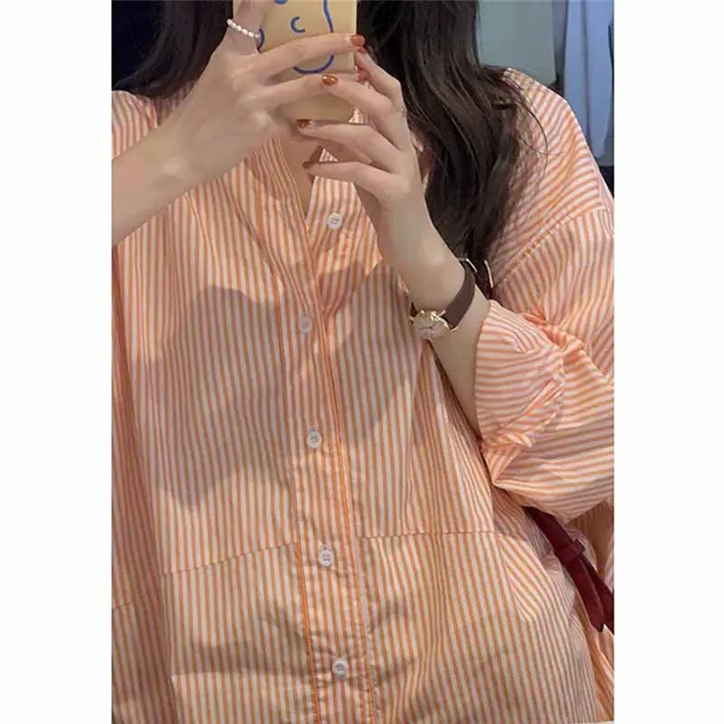 Summer New Female Retro Style Stripe Sunscreen Clothing Shirt Women Loose Fitting Lazy Wind Sunscreen Clothing Shirts Tops Coat