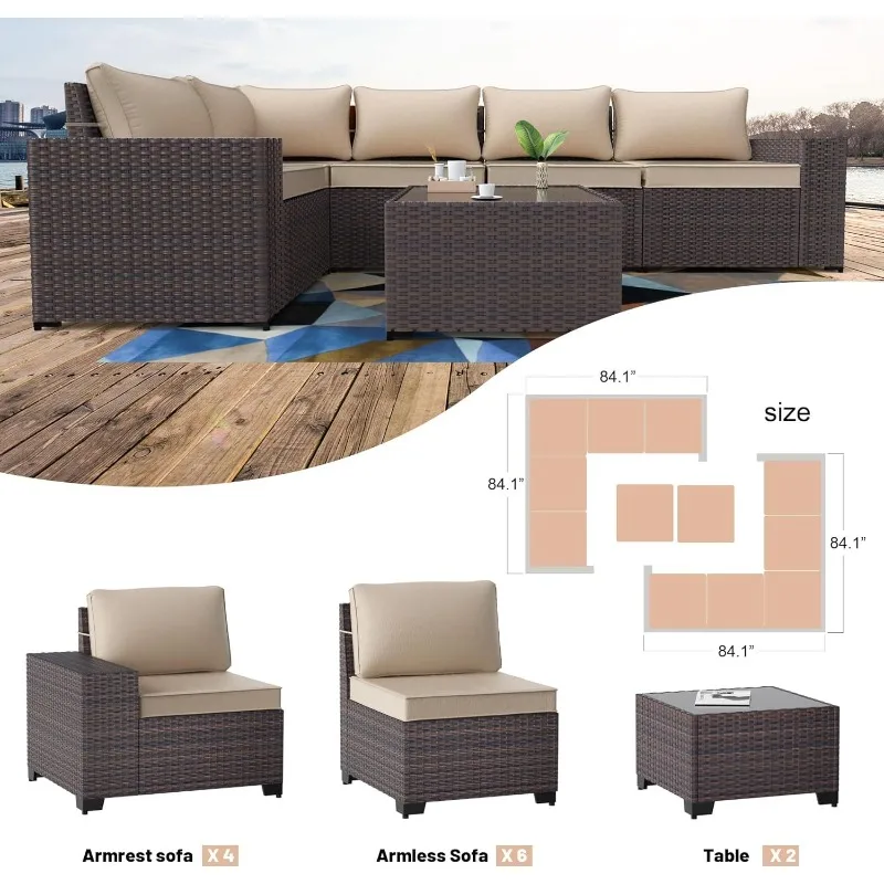 12PCS Outdoor Patio Furniture Set PE Wicker Rattan Sectional Sofa Patio Conversation Sets,Sand