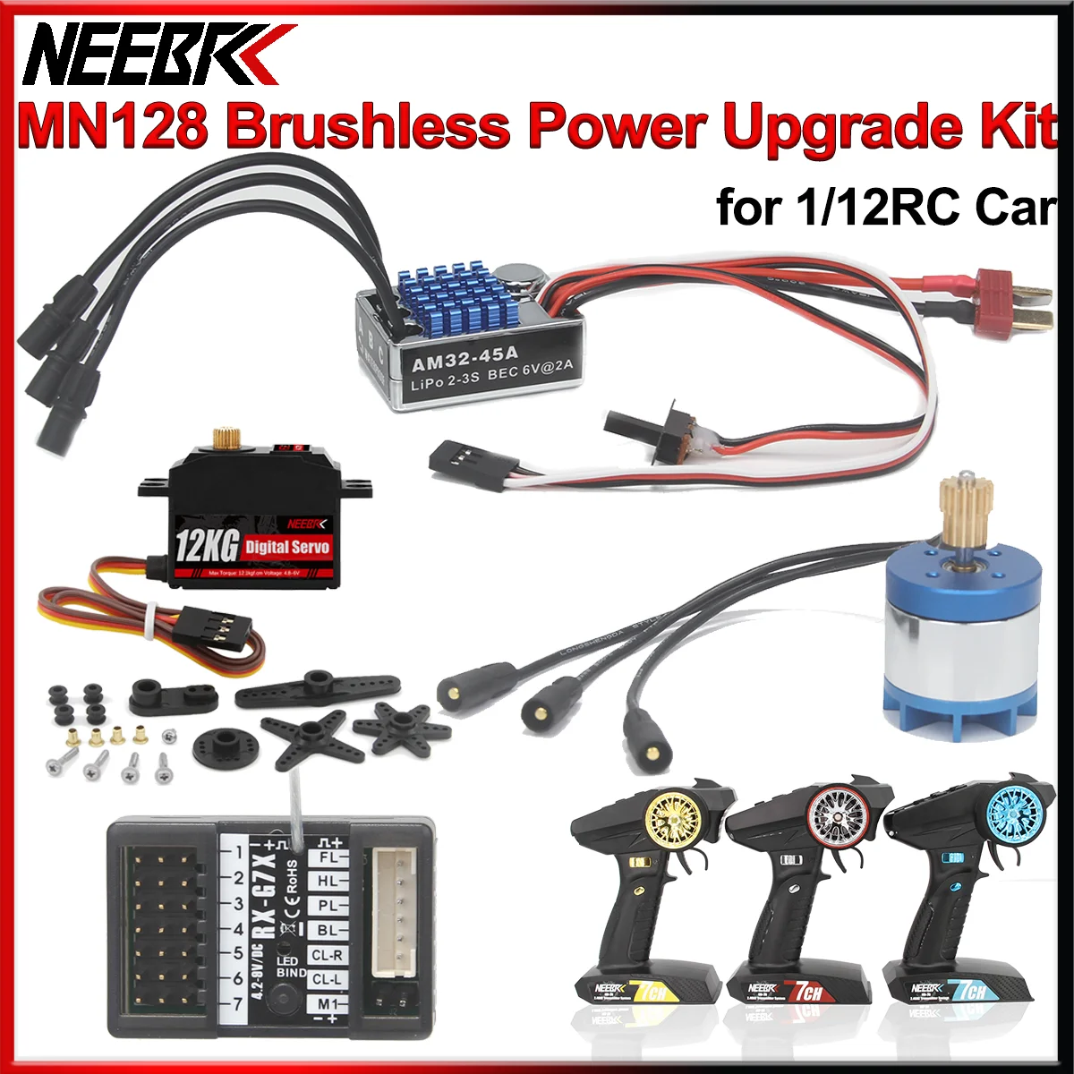 

MN128 Brushless Power Upgrade Kit 2830 2400KV Motor AM32 45A ESC 12kg Servo 7CH Transmitter& Receiver for 1/12 RC Crawler Model