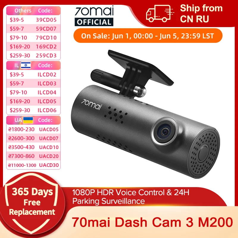 70mai Dash Cam 3 M200 APP Englisch Sprachsteuerung 1080P HDR Nachtsicht 24H Parküberwachung 70mai