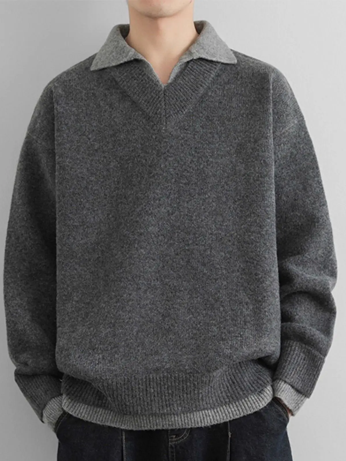 

Men's V-Ne Knitted Sweater Premium Feel Fake Two-Piece Sle Autumn Winter Color Blo Collar Stand-Up Inner Wear Base irt