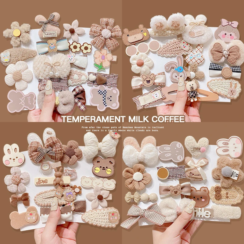 

Milk Coffee Kids Hairpins Set Cute Bear Rabbit Bow Princess Girl Hair Clips Korean Headwear for Girl Kids Hair Accessory