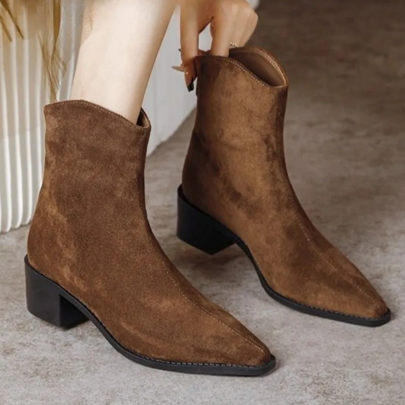 

Mid Heels Women Pointed Toe Ankle Boots 2025 Winter Fashion Suede Shoes Designer Elegant Chelsea Short Boots Dress Pumps Zapatos