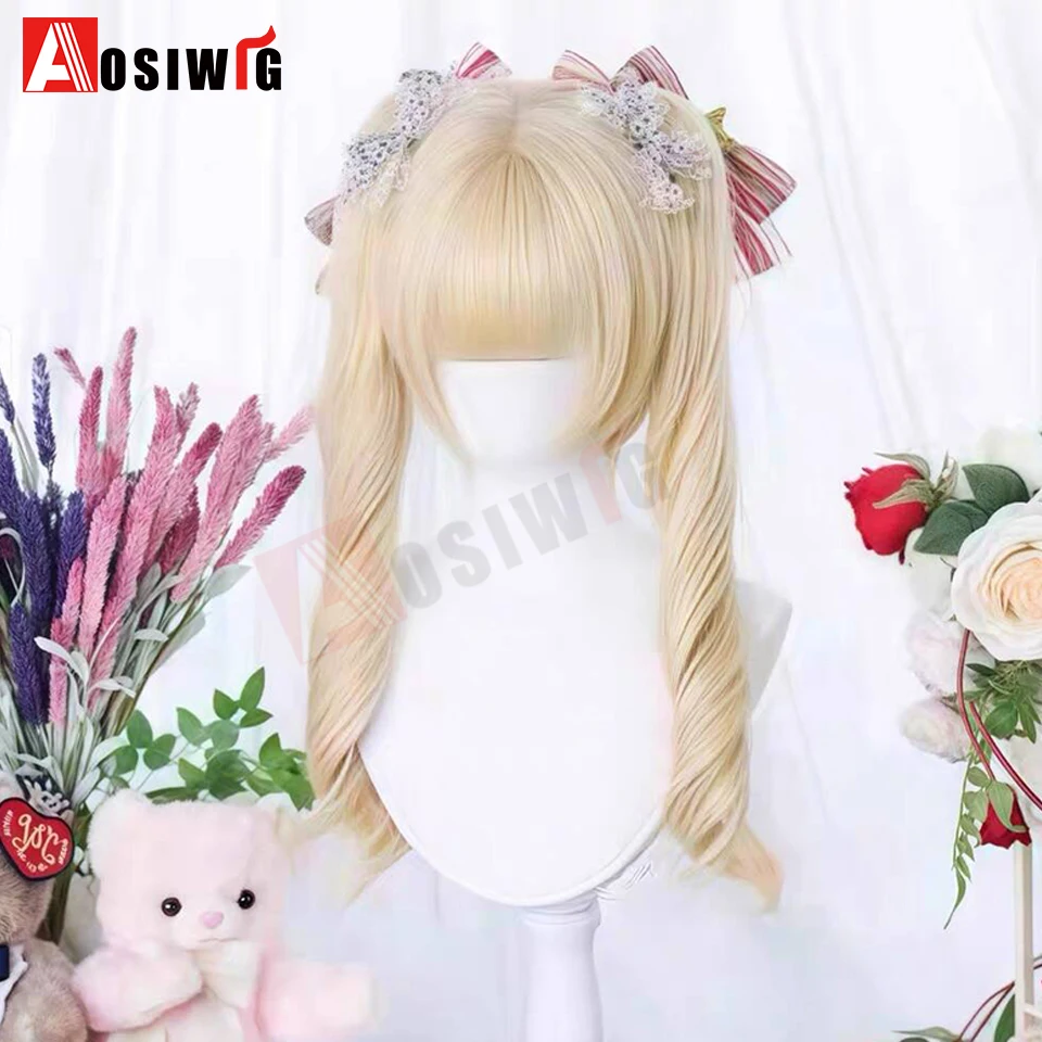 Synthetische Lolita-Perücke im Prinzessinnen-Schnitt mit doppeltem Pferdeschwanz und Pony, für Mädchen, Ombre, Blond, Braun, Weiß, Grau, Cosplay, Halloween, Harajuku-Perücke