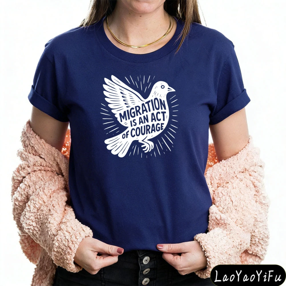 Migration Is an Act of Courage Dove Shirt Progressive Pro Immigration T-Shirt Equality Activism Tee Human Rights Graphic Top