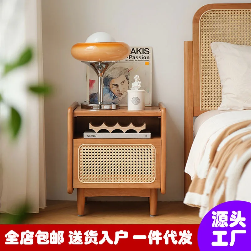 

Nordic solid wood rattan bedside table cherry wood Japanese-style bedroom furniture modern simple bedside locker storage cabinet