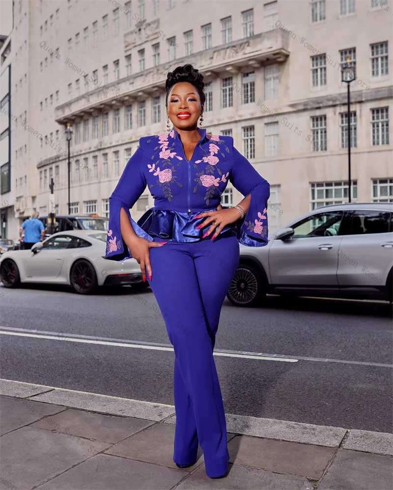 

Purple Women Suit Set 2 Piece Blazer+Pants Trousers Appliqued Formal Office Lady Jacket Flare Sleeve Wedding Coat Customized
