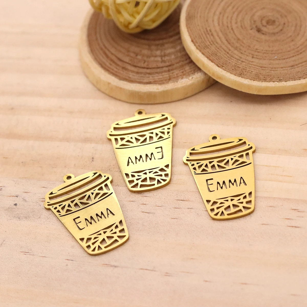 3pcs Stainless Steel Coffee Cup Charms, Engraved EMMA Name Coffee Mug Pendant for DIY Earring Necklace Jewelry Making Supplies