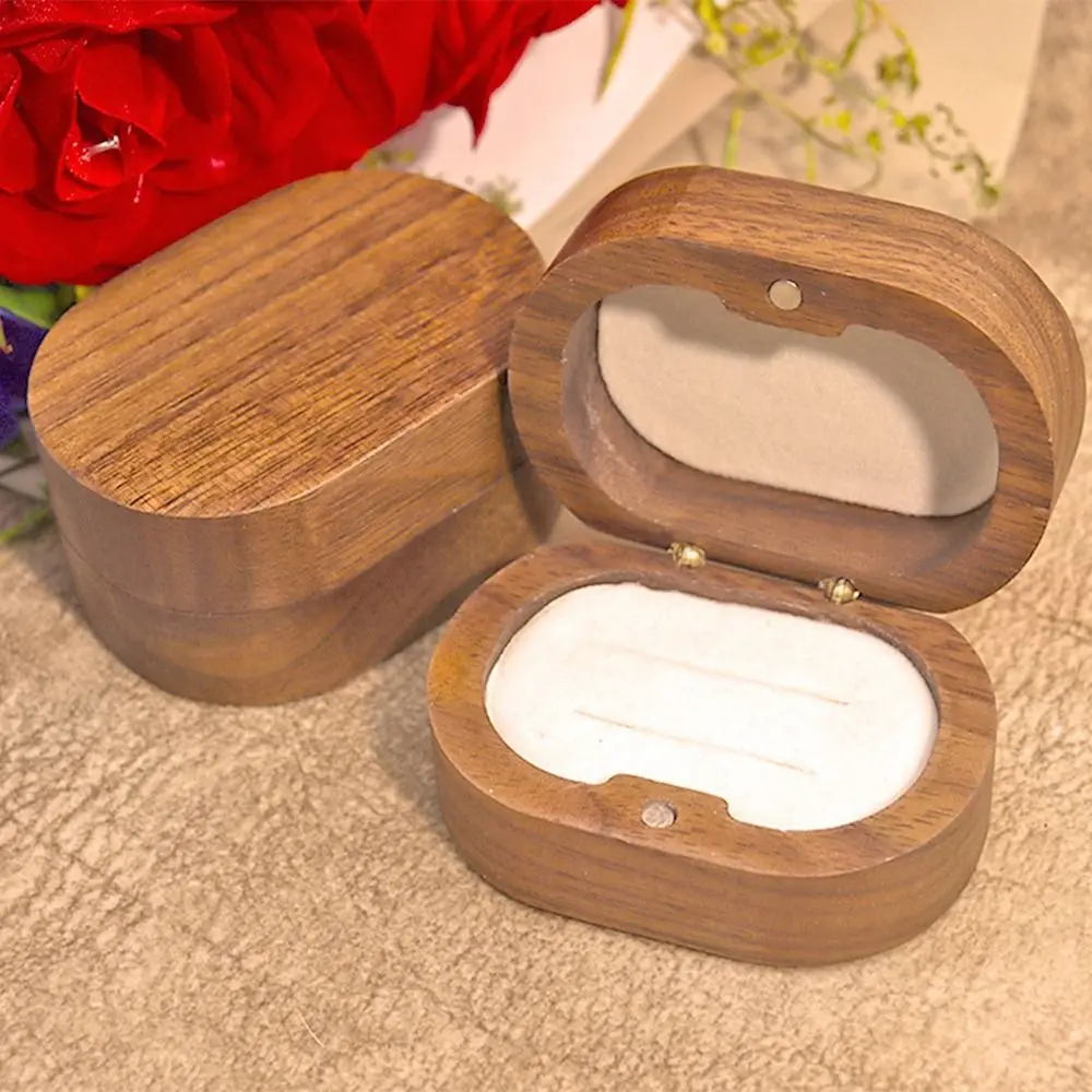 Handmade Wedding Ring Box Wooden Double Slots Rings Bearer Box Portable Magnet Closure Walnut Wood Rings Box Ring Display