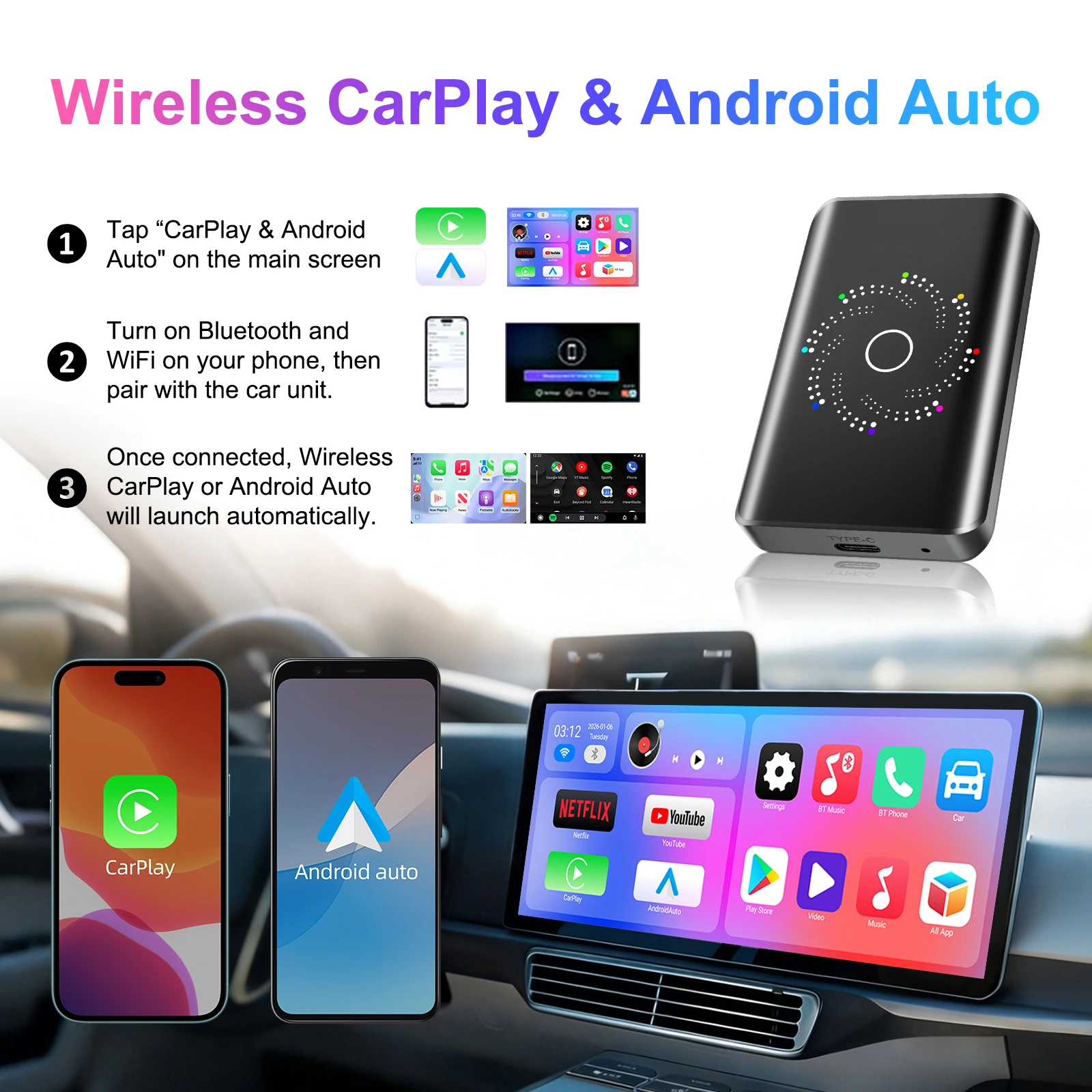 EzoneTronics CarPlay Android Ai Box CarPlay Android Box 4G+32G Quad Core with Play Store YouTube Netflix Support HDMI Output