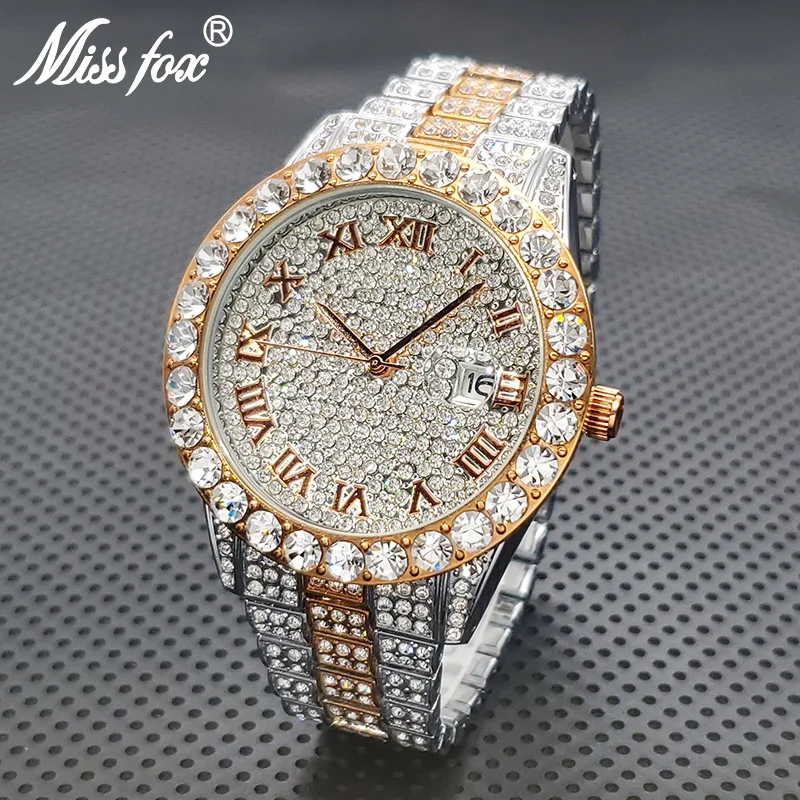 Luxury Diamond Wristwatch For Men Classic Stainless Steel Two Tone Quartz Watch Fashion Rose Silver Round Waterproof Iced Clock