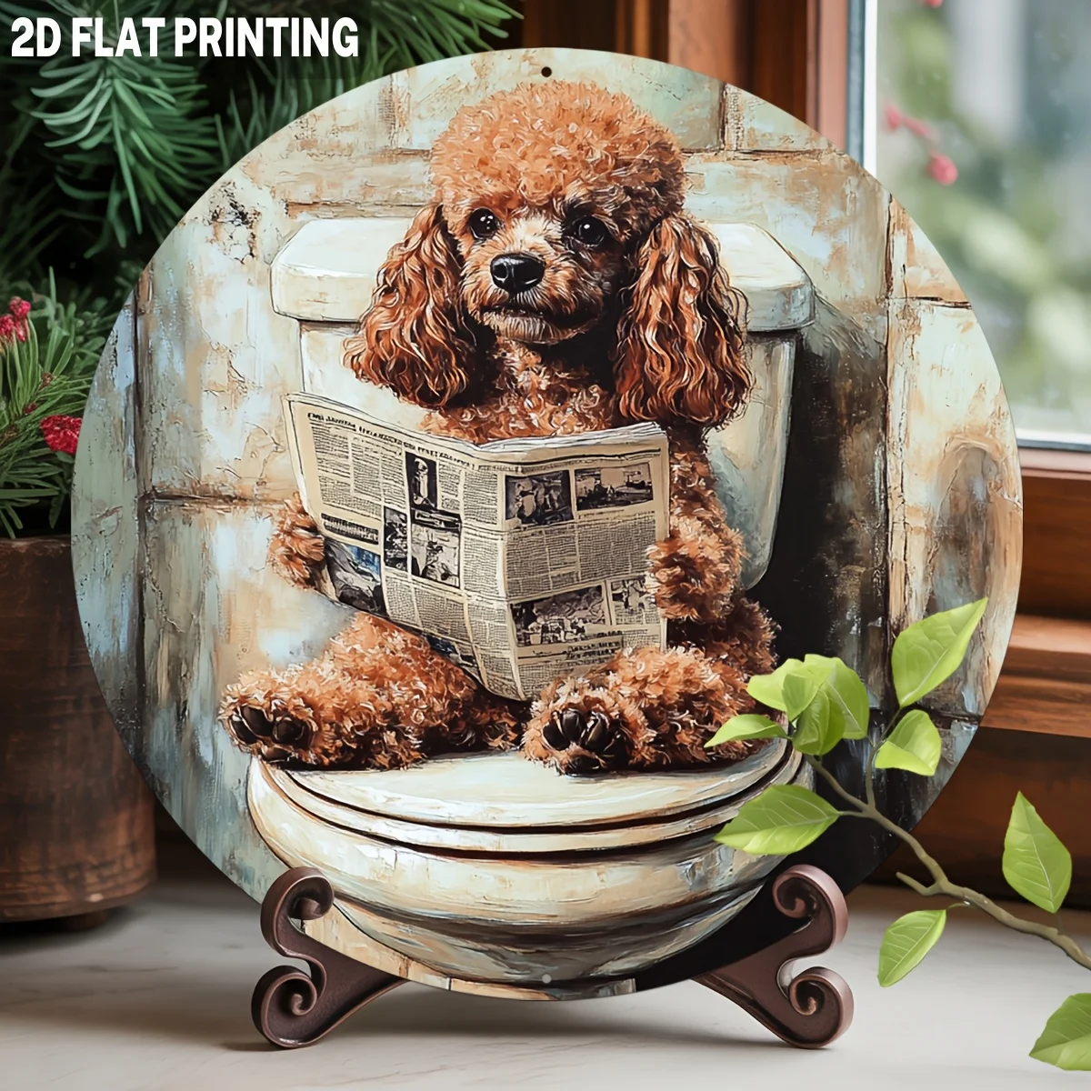 2D Flat, 1pc, Charming Poodle Dog Sitting on Toilet Reading Newspaper Round Aluminum Metal Sign Wall Decor for Animal Lover Humo