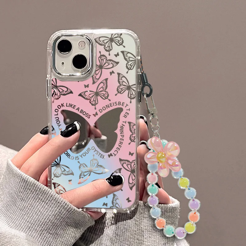 Butterfly Wrist Chain Lanyard Cosmetic Mirror Phone Case for iPhone 15 Pro Max 11 12 13 16 14 Pro Max XR XS Max Phone Case