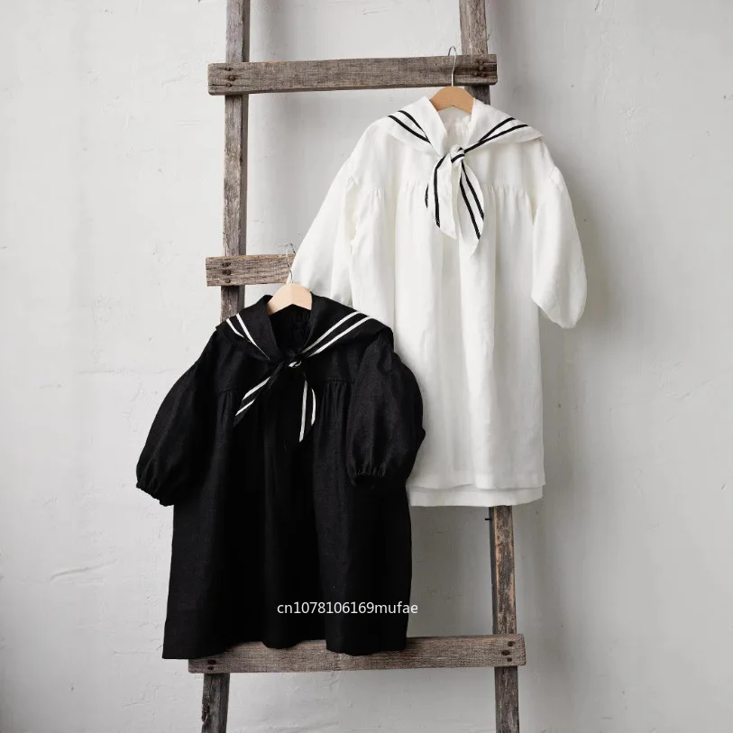 2026-girls'-linen-spring-and-autumn-dress-kids-casual-bubble-sleeves-british-navy-collar-dress-children's-american-dress