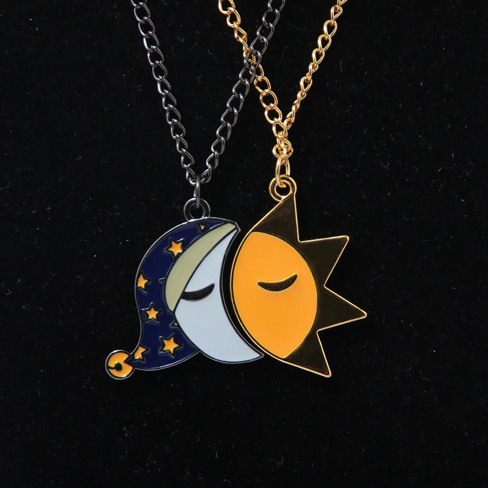 Cartoon Movie Theme Necklace Jewelry Cute Sleeping Moon Shining Sun Splicing Enamel Pendant Couple Necklaces Gift For Lovers