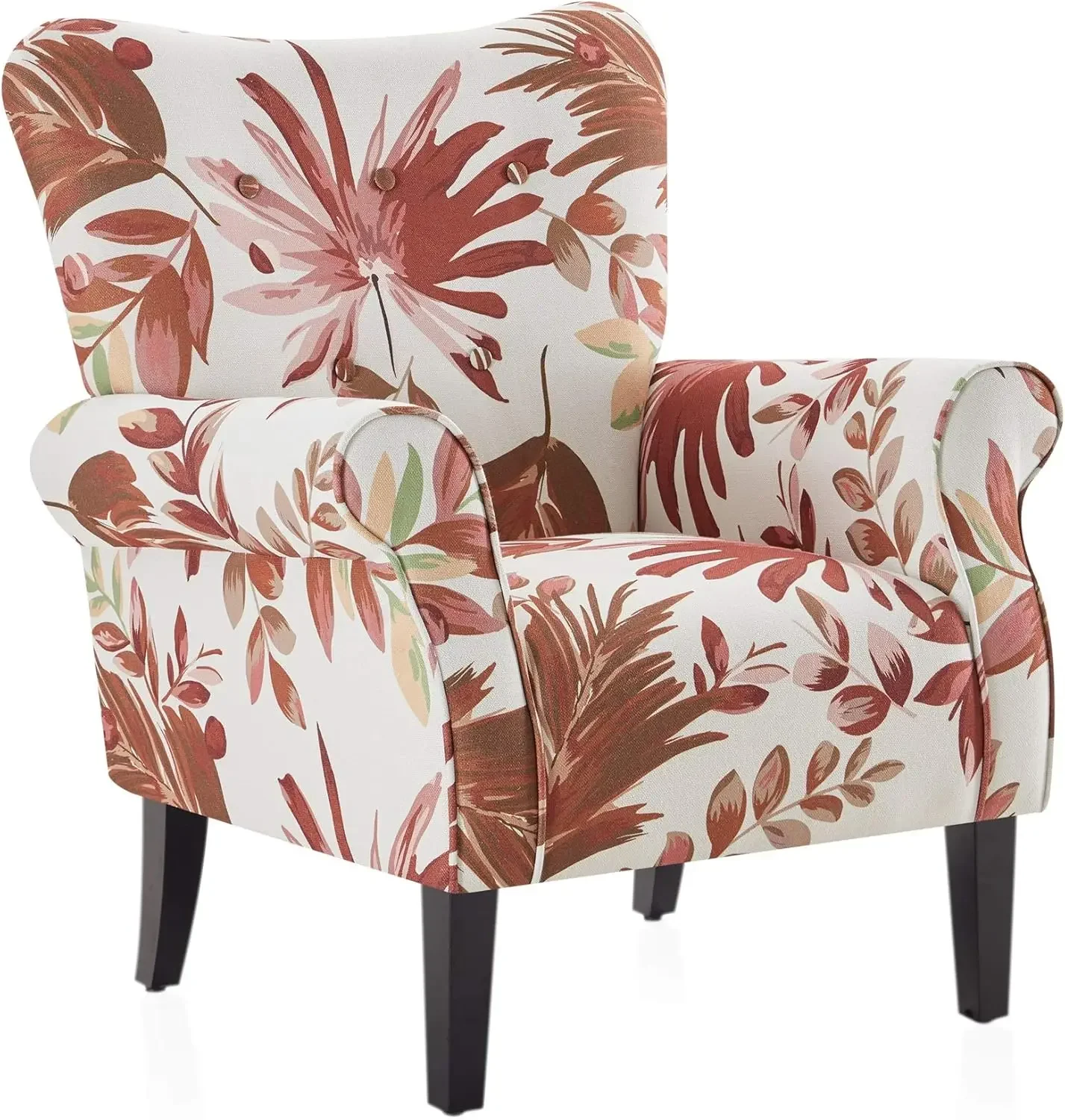 Modern Accent Chair for Living Room, High Back Floral Armchair with Wooden Legs, Upholstered Wingback Side Chair Padded Armrest