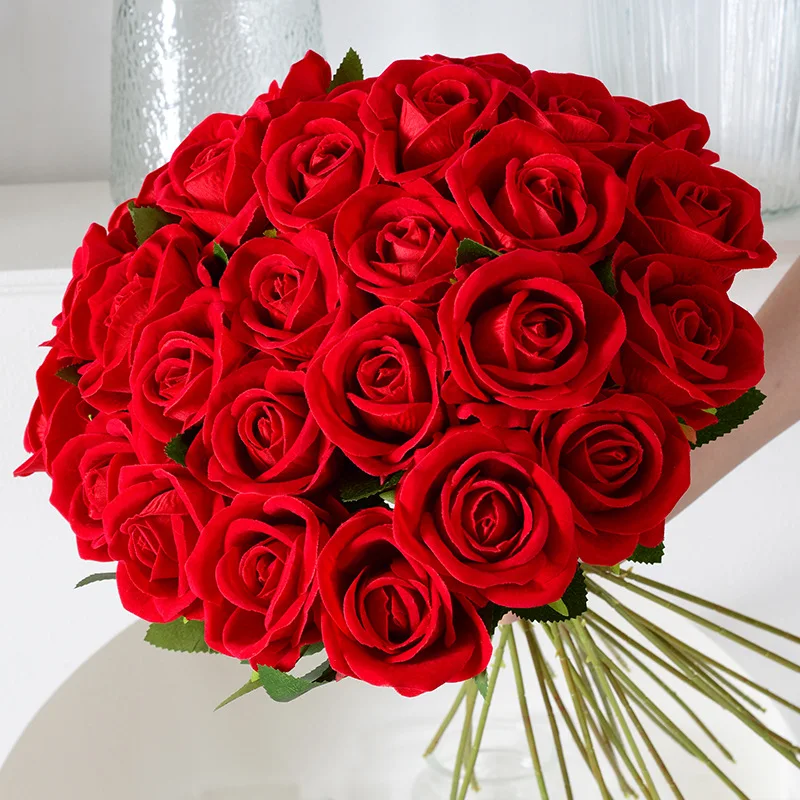 Yannew 5pcs Velvet Artificial Rose Flowers with Long Stem Valentines Day Red Gift Roses for DIY Wedding Bouquets Home Room Decor