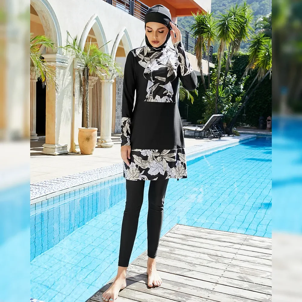 3-teiliges bescheidenes Druck-Hijab-Badeanzug-Set für Damen mit langen Ärmeln, vollständiger Abdeckung, islamische arabische Strandmode, Burkinis-Badekostüme