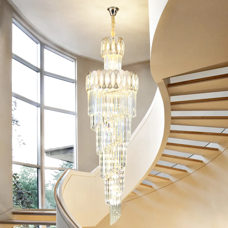 

Modern Stairs Chandelier Lamp Luxury Duplex Building Villa Loft Living Room Crystal Apartment Revolving Long Pendant Lighting