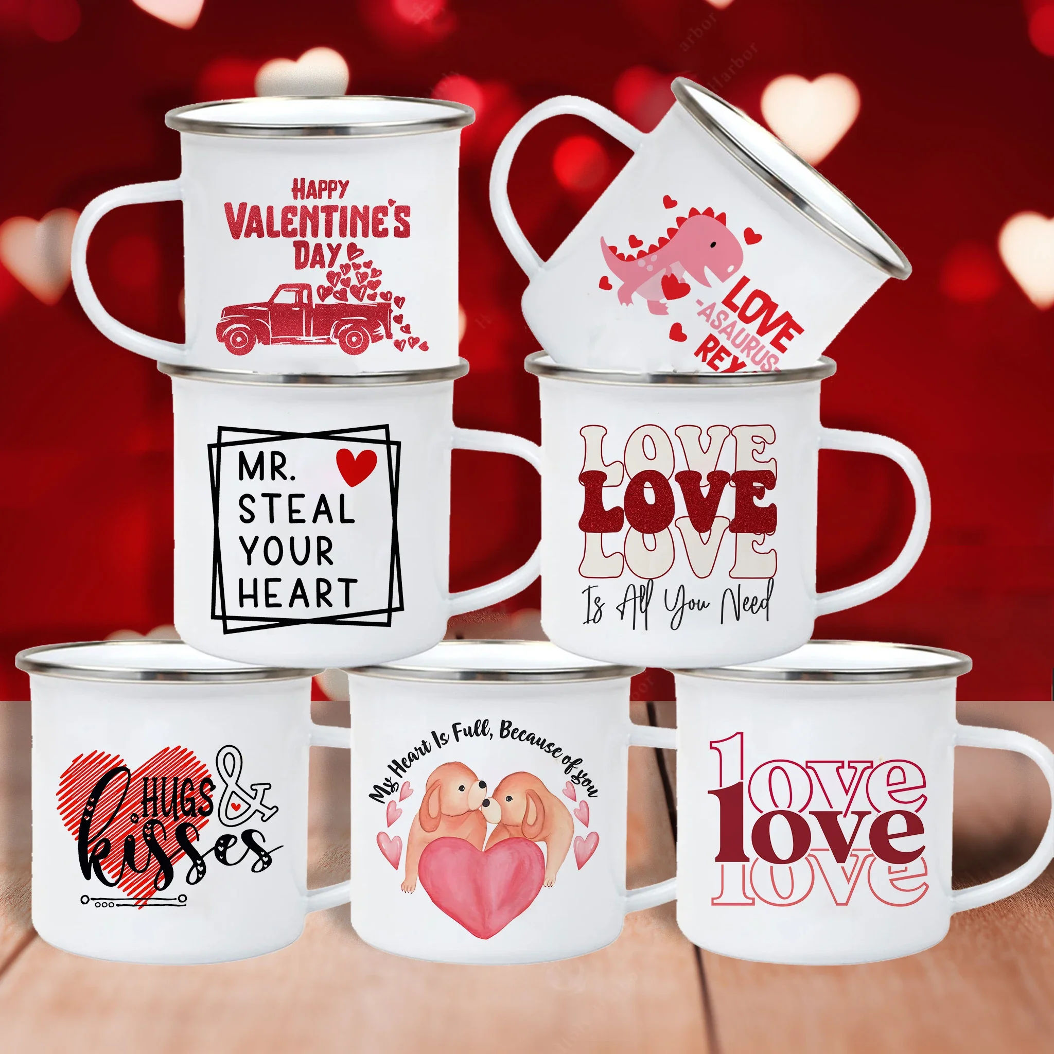 Love Heart Printed Camping Mug Valentine Party Juice Milk Cup Coffee Cups  Enamel Mugs Valentine's Day Gifts for Family Friends