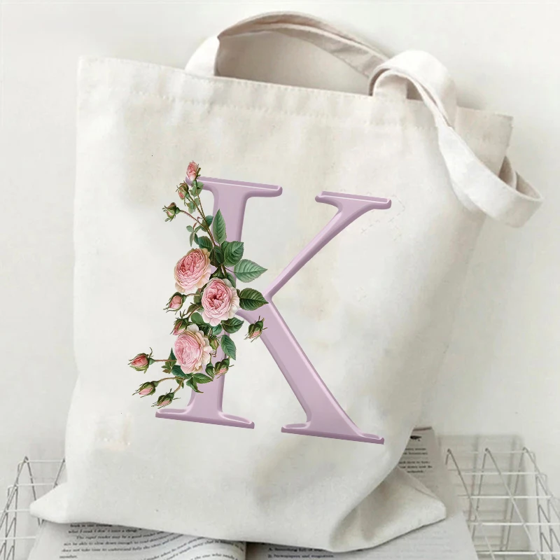 المرأة حقيبة قماشية الورود الأرجواني A-Z 26 إلكتروني طباعة الإناث قابلة لإعادة الاستخدام حقيبة تسوق حقائب الطلاب كتاب حقيبة كتف حقيبة يد