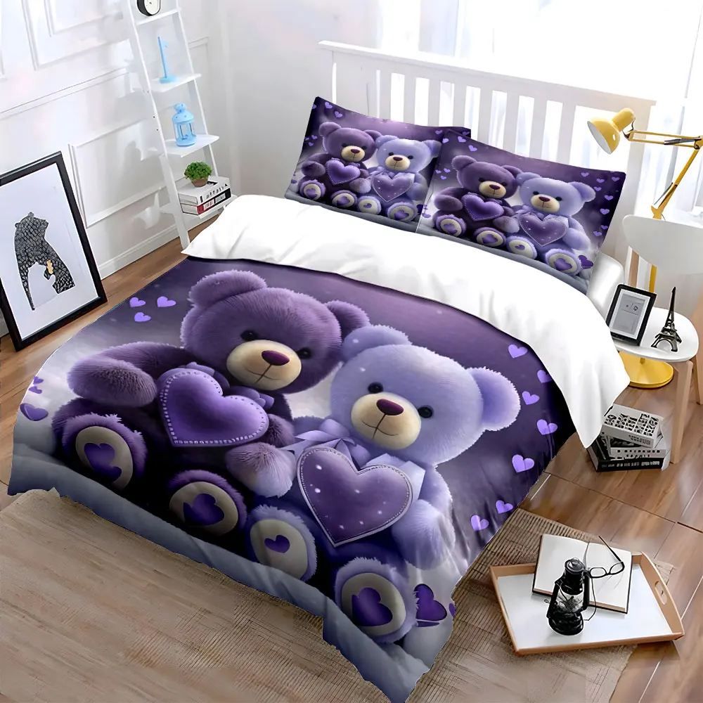 Purple romantic teddy bears with hearts Duvet Cover Set with 3D Printing Design Soft Polyester Bedding Set All-Season Comfort