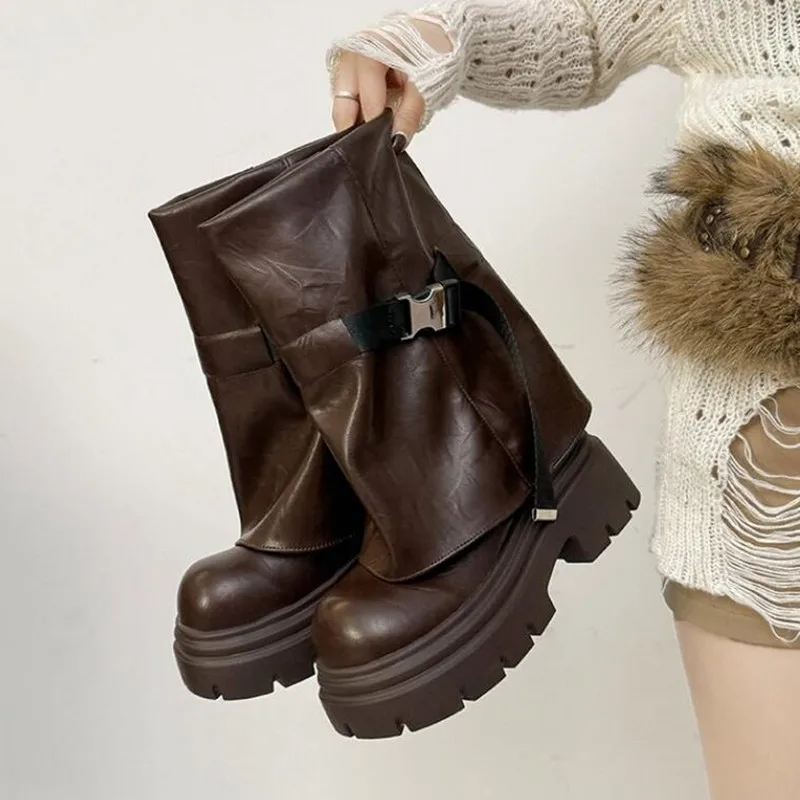 جديد امرأة الأحذية الركبة عالية منصة حذاء بكعب سميك الاتجاه الشرير القوطية روك الجلود موضة أحذية نسائية دراجة نارية الأحذية الأحذية #5