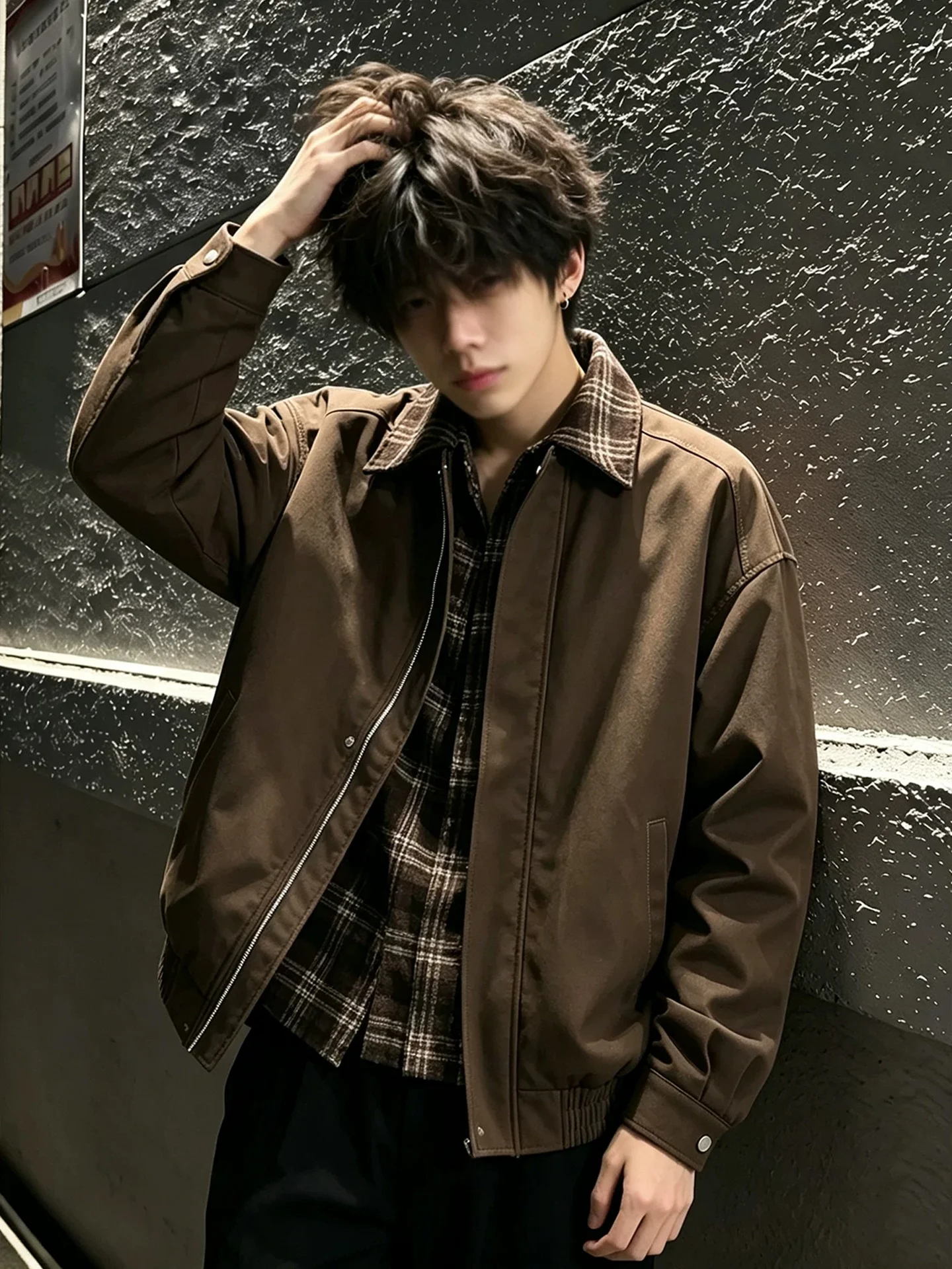 Cafe Brown Men's Short Shirt Collar Jacket Baseball Style Splice Outerwear Autumn Season CleanFit Standard Size Zipper Closure