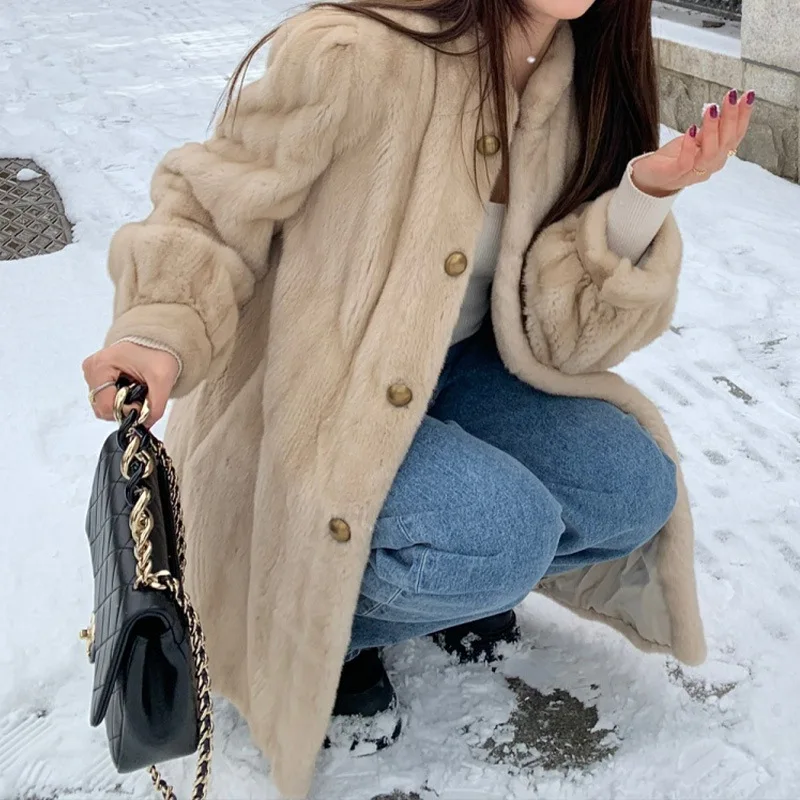 

Женские шубы из искусственного норкового меха, меховые куртки средней длины с воротником-стойкой и длинными рукавами, однобортные, толстые, свободные, повседневные, осень-зима 2024 г.