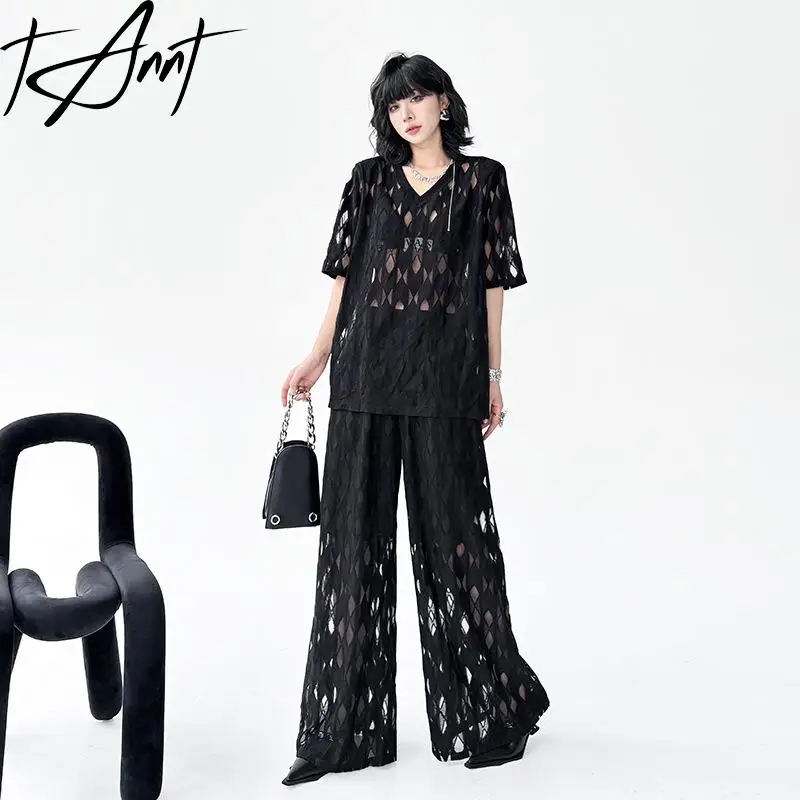 

Tannt Pant Stes Irregular Hollow Out V-neck Long Loose Tshirts High-waisted Long Leisure Black Pants Fashion Two-piece Suit 2025