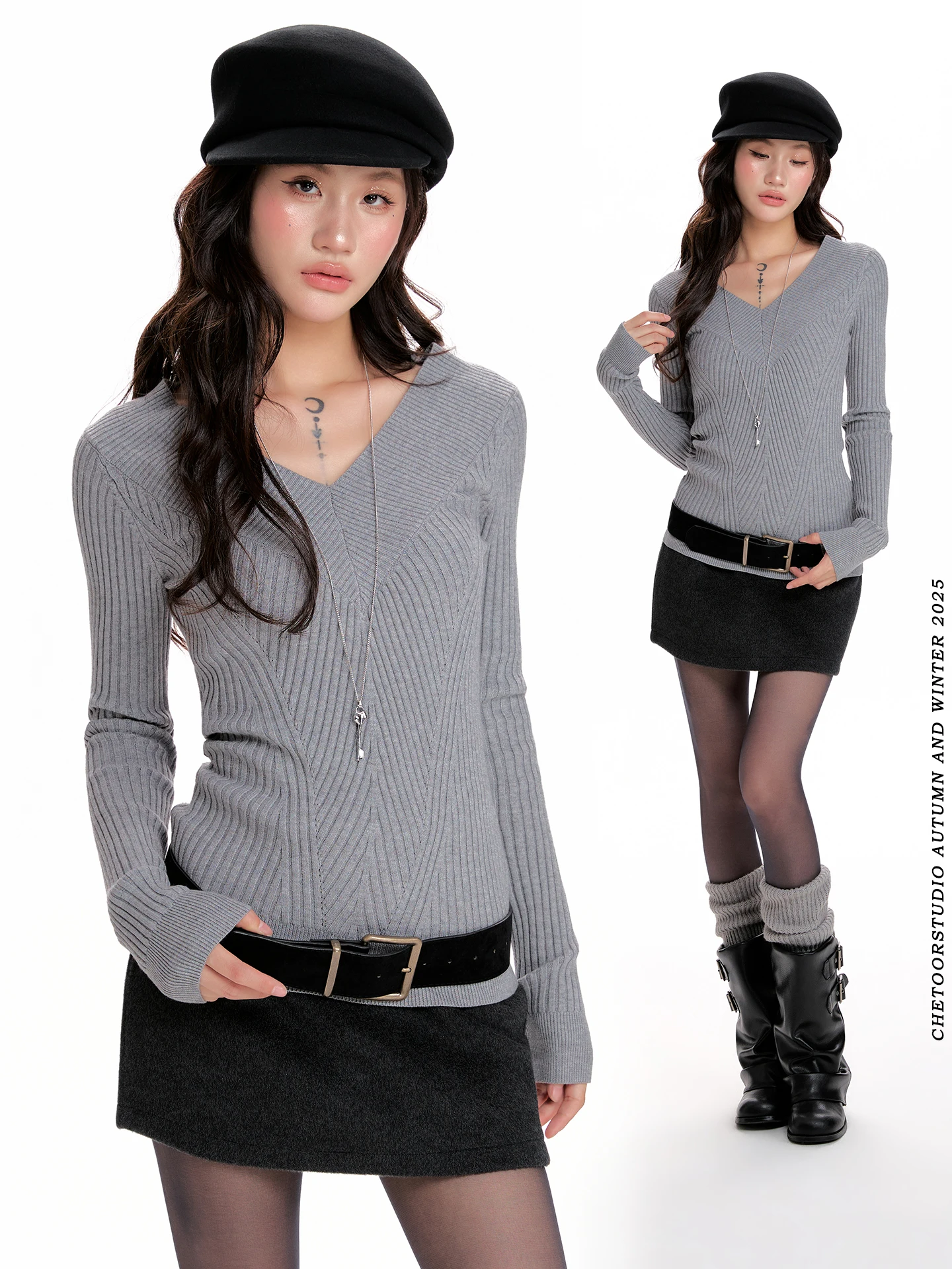 

Облегающий вязаный свитер с V-образным вырезом и длинными рукавами для женщин, осенне-зимний, с полосатым узором, базовый слой, модный для девушек