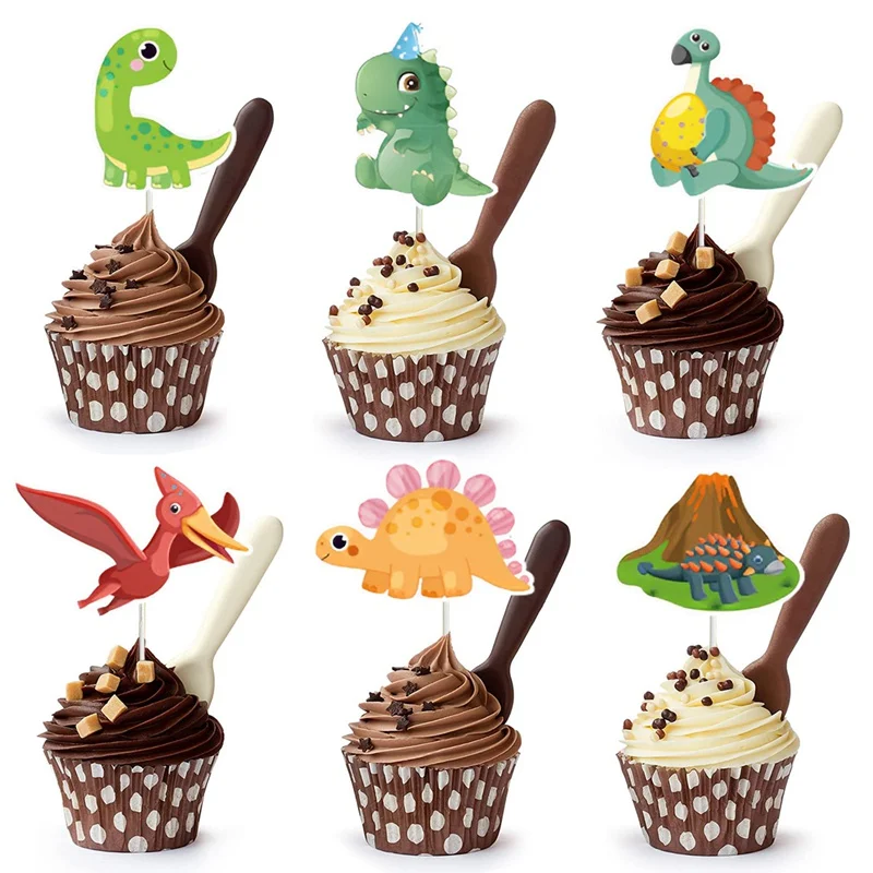 Dinosaur Cupcake Toppers Wrappers Happy Birthday Cake Topper Picks Decoration for Baby Shower 1st Birthday Theme Party Supplies