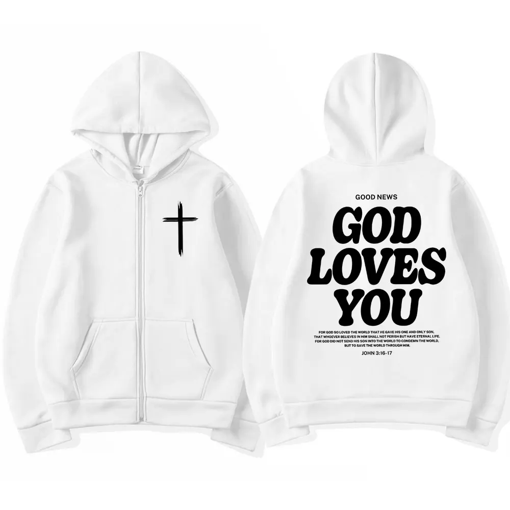 Popular Christian Jesus Church Zipper Hoodie Bible Verse God Loves You Harajuku Cardigan Pullover Unisex Casual Loose Sweatshirt