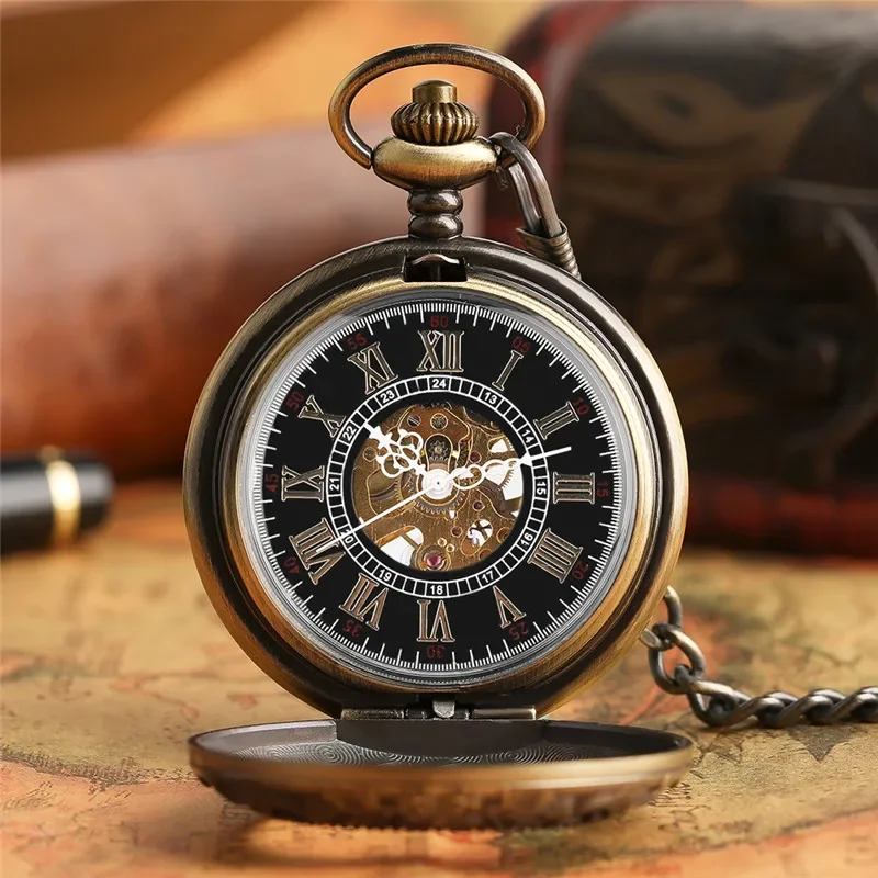 Antique Style Men Women Hand Winding Mechanical Pocket Watch Roman Numerals Display Skeleton Watches FOB Pendant Chain Gifts