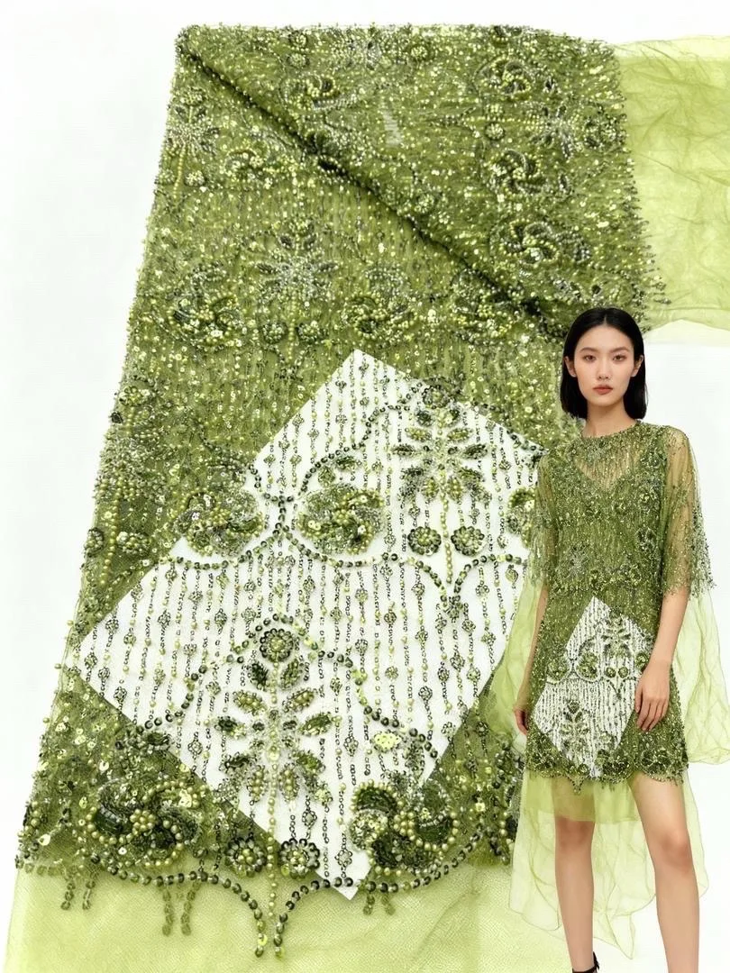 

African Sequins Lace Fabrics 2025 5Yards High Quality French Nigerian Groom Beaded Lace Fabric For Sewing Dress Wedding Party