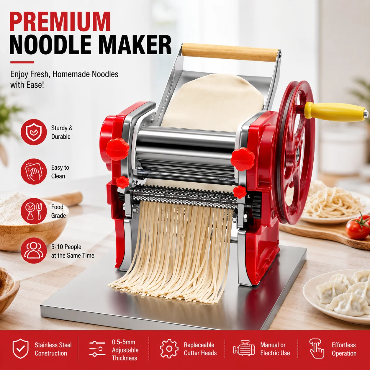 Red Stainless Steel Pasta Maker Machine Manual Roller Pasta Maker Noodles Cutter for Restaurant Use 0.5-5mm Adjustable Thickness Replaceable Cutter Head Upgradeable Electric Tabletop for Dumpling Wonton Noodle Home Kitchen Heavy Duty