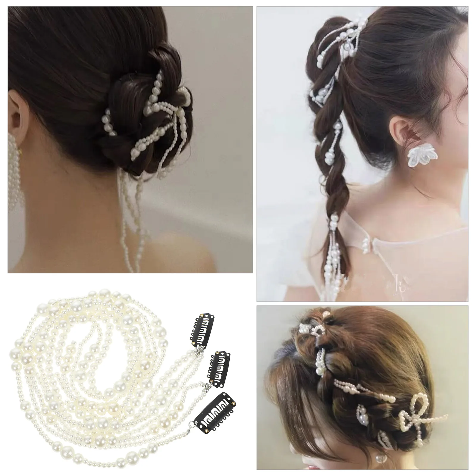 

3pcs Pearl Chains Bridal Accessories Women Bridesmaid Clips Braids Jewelry Durable Plastic Long Use String Hair Jewelry Hair