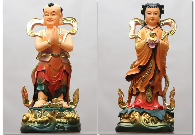 A pair 2PCS Wholesale Buddha figure HOME SHOP Propitious FENG SHUI GUANYIN TONGZI maidens JIN TONG YU NV color buddha statue
