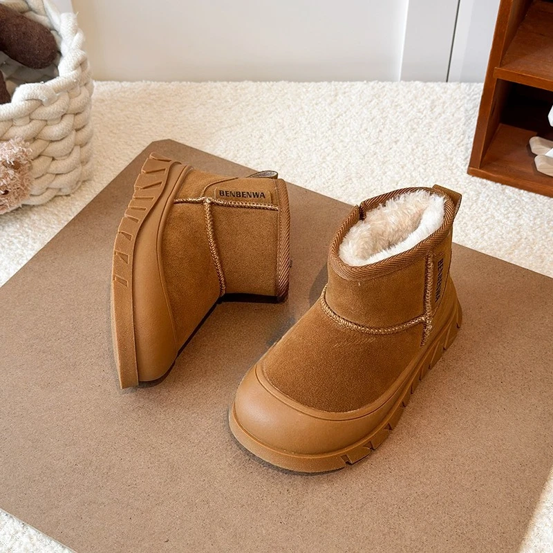 

Outdoor Children Winter Ankle Boots Trend Thick Bottom Kids Fashion Furry Plush Boots Warm Patchwork Girls Cotton Boots Non-slip